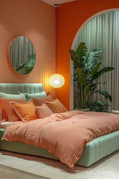 a bed with orange sheets and pillows next to a plant in a room that has round mirrors on the wall