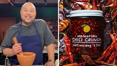 a man standing in front of a jar of chili sauce next to an image of peppers