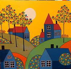 a painting of houses on a hill with trees