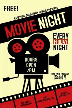 a movie night poster with an image of a film camera