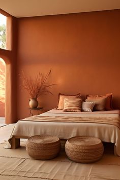 a bedroom with an orange wall and white bedspread, two stools in front of the bed