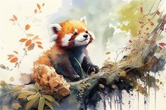 a watercolor painting of a red panda sitting on top of a tree branch with leaves