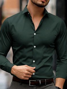 Men's Solid Color Shirt With Front Buttons And Long Sleeves, For Daily Casual Wear Dark Green Casual  Long Sleeve Fabric Plain Shirt Non-Stretch Spring/Fall Men Clothing, size features are:Bust: ,Length: ,Sleeve Length: Nice Dress Clothes For Men, Dark Green Dress Shirt Men, Men Shirts Formal, Forest Green Shirt Outfit Men, Plain Formal Shirts For Men, Dark Green Mens Outfit, Dark Green Shirt Outfit Men Formal, Classy Men’s Fashion, Dark Green Shirt Outfit Men Casual