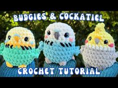 three crocheted owls sitting on top of each other with the words budgies and cocktail