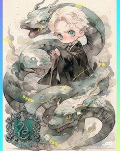 an anime character with white hair and blue eyes is holding a large snake in front of him