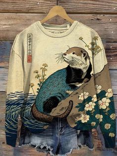 Lasaky - Digital Printed Round Neck Sweatshirt Top Water Japanese Art, Ocean Autumn, Sweatshirt Painting, Japanese Hoodie, Japanese Art Print, Sports Wear Fashion, Dress Better, Life Styles, Fun Clothes