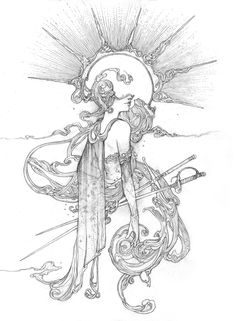 a black and white drawing of a woman holding a violin in her hands with the sun behind her