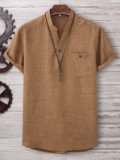 Brown Casual Collar Short Sleeve Fabric Plain Top Embellished Non-Stretch Summer Men Clothing Men Clothes Styles Outfits, Shirt Styles Men, Mens Shirt Collar Styles, Man Shirt Style, Men Shirt Style Casual, Shirt For Men Casual, Short Sleeve Shirts For Men, Mens Casual Shirts, Summer Shirts Men