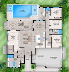 a floor plan for a house with pool and hot tubs in the middle of it