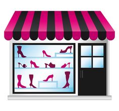 a shoe shop with pink and black awnings on the front window, shoes are displayed in high heels