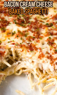 the bacon cream cheese baked spaghetti is cut in half to show it's thickness