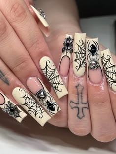 Upgrade Your Look - 24pcs Long French Spider, Heart, And Spiderweb Nail Art Stickers, Suitable For Women And Girls For Halloween Multicolor     Plants Color Nails   Nail,Hand & Foot Care, size features are:Bust: ,Length: ,Sleeve Length: Ongles Goth, Goth Nails, Really Cute Nails, Nail Swag, Halloween Nail Art, Fire Nails, Funky Nails, Pretty Acrylic Nails