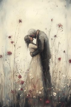 a painting of two people embracing each other in the middle of a field with wildflowers