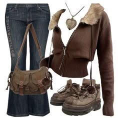 Realistic Outfit Ideas, Brown 2000s Aesthetic, Y2k Winter Outfits Aesthetic, Cute Outfits Brown, Y2k Brown Aesthetic, Brown Clothing Aesthetic, Thrifted Outfits Fall, Nuetral Pallete Outfits, 2000s Fashion Outfits Winter