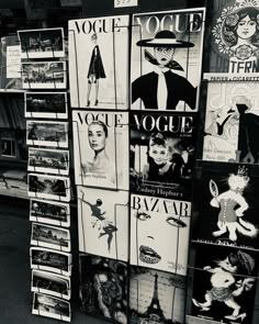 black and white photograph of magazines on display