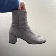 -Italian Suede Upper -Lavender Gray Color -Leather Lining -Almond Toe -Covered 55mm (2.2”) Heel -Handmade In Tuscany, Italy Condition: Good. Worn Few Times. Very Soft And Comfortable Leather Tuscany Italy, Suede Boots, Shoes Heels Boots, Tuscany, Shoes Women Heels, Heeled Boots, Gray Color, Almond, Shoes Heels