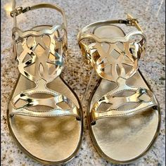 Gold Jelly Sandals, Worn Once Luxury Gold Sandals For Summer, Designer Gold Open Toe Sandals, Chic Gold Flat Slingback Sandals, Chic Gold Slingback Sandals With Flat Heel, Summer Gala Sandals With Round Toe, Gold Open Heel Sandals For Galas, Luxury Summer Slingback Sandals For Formal Occasions, Elegant Flat Sandals For Formal Occasions, Luxury Gold Open Toe Slingback Sandals