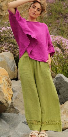 Linen Wide-Leg Pant with Front Pockets and Floral Lace Detail on Bottom Hem. Features a Stretchy Waistband for a Custom Fit. 100% Linen Model is 5'7 One Size Made in Italy Scarf Sale, Blouse Pants, Wide Leg Linen Pants, Knitted Coat, Linen Bag, Linen Pants, Sweater Skirt, Handbags On Sale, Tunic Dress