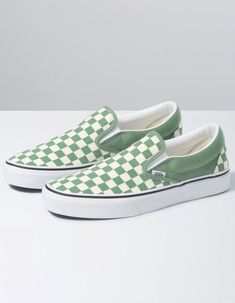 Vans Checkboard Classic Slip-On Shoes. The Checkerboard Classic Slip-On features sturdy low profile slip-on canvas uppers with the iconic Vans checkerboard print, padded collars, elastic side accents, and signature rubber waffle outsoles. Imported. Vans Checkerboard Slip On, Vans Green, Vans Original, Vans Store, Vans Checkerboard, Green Checkered, Shoe Inspo, Shop Shoes