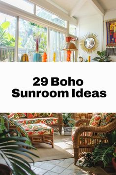 the sunroom is filled with tropical plants and wicker furniture