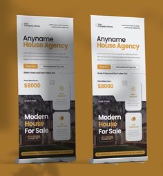 two roll - up banners with the words, house agent and modern houses for sale