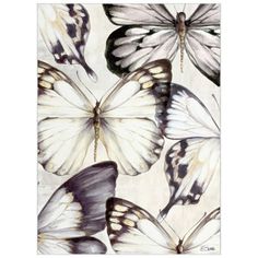 a painting of many butterflies flying in the air with white and black spots on their wings