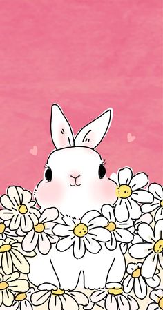 a white rabbit sitting in some daisies with hearts on it's back and pink background