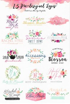 watercolor flowers and leaves are used to create the logos for this wedding day event