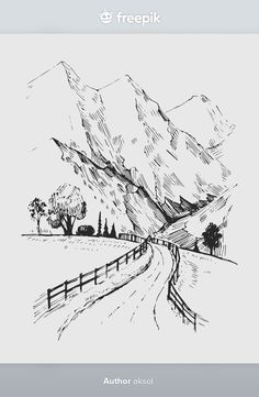 a black and white drawing of mountains with trees in the foreground, and a road on