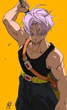 an anime character with white hair holding a hammer