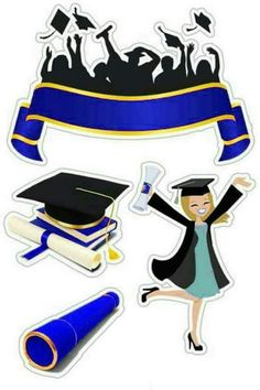 graduation stickers are shown with the graduate's cap and gown on top of books