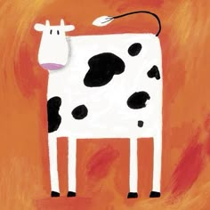 a painting of a cow with the letter r on it's chest, standing in front of an orange background