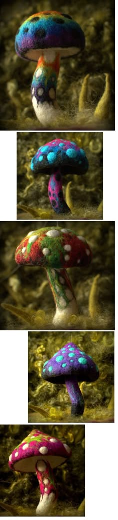 four different images of colorful mushrooms in the water