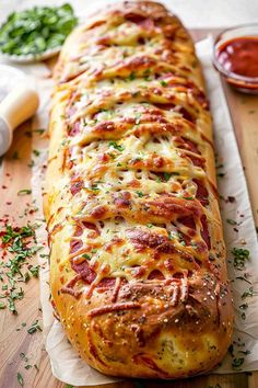 a cheesy bread with cheese and sauces on the side sitting on a cutting board