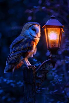 an owl sitting on top of a lamp post