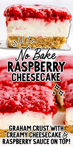 no bake raspberry cheesecake with graham crust and cranberry sauce on top