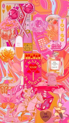 a collage of pink and yellow items including perfume bottles, hearts, candies, candy