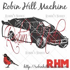 a red bird sitting on top of a black and white car with the words robin hill machine