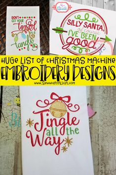 three christmas machine embroidery designs on white paper