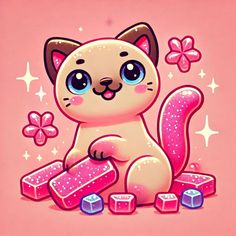 a cartoon cat sitting on top of pink blocks