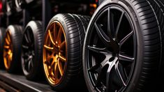 several tires are lined up on a conveyor belt