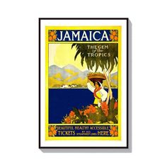 an old jamaica travel poster from the 1950's is displayed in a black frame