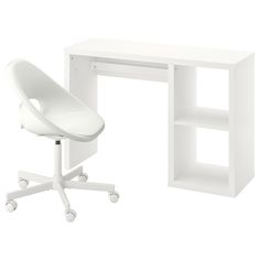 an office desk with a chair and shelving unit in white, isolated against a white background