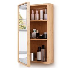 a wooden shelf with bottles and containers on it