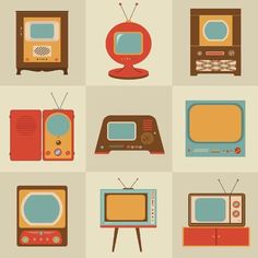 retro tvs and old televisions in different colors on a beige background stock photo