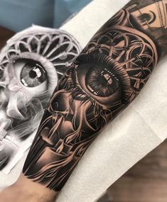 a man's arm with an eye tattoo on it and a skull in the background