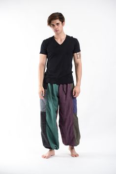 Men's Drawstring Patchwork Pinstripes Cotton Pants Thai Harem Pants, Tie Dye Pants, Tie Dye Cotton, Comfy Pants