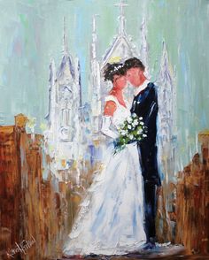 a painting of a bride and groom standing in front of a cathedral with their arms around each other