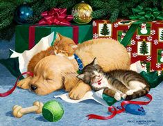 a painting of two cats and a dog sleeping next to christmas presents