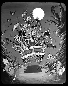 an image of a cartoon character flying through the air with his guitar and other characters around him